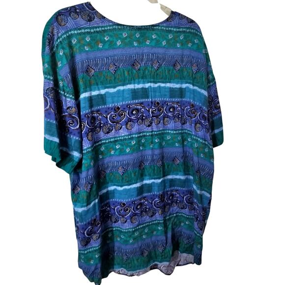 3499)Vtg Touche Blue Purple Aqua Hand Drawn Button Up Short Sleeve Blouse XL? - Picture 5 of 6